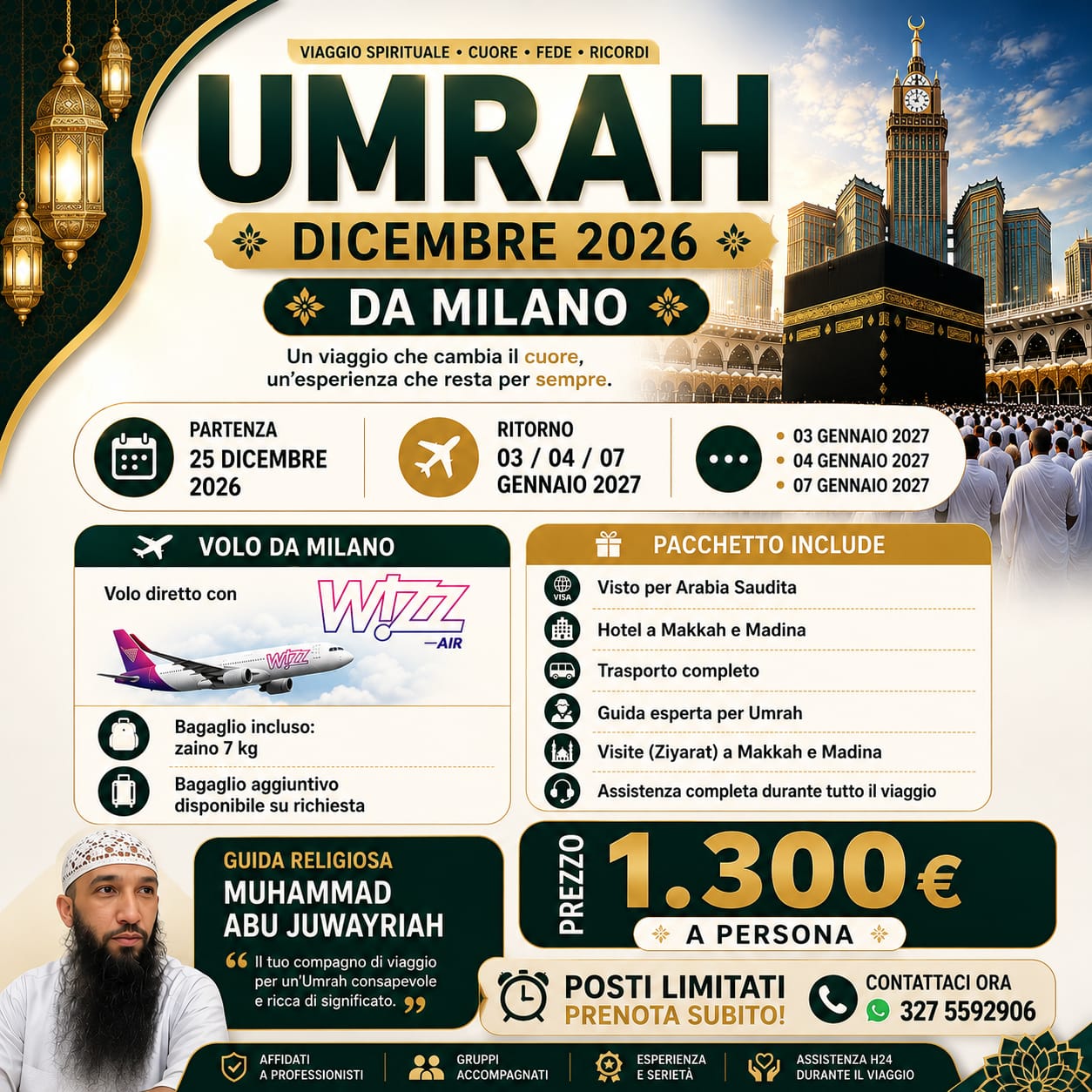 Locandina ufficiale dell'Umrah di Dicembre 2026 da Milano con dettagli di date, volo, pacchetto e prezzo